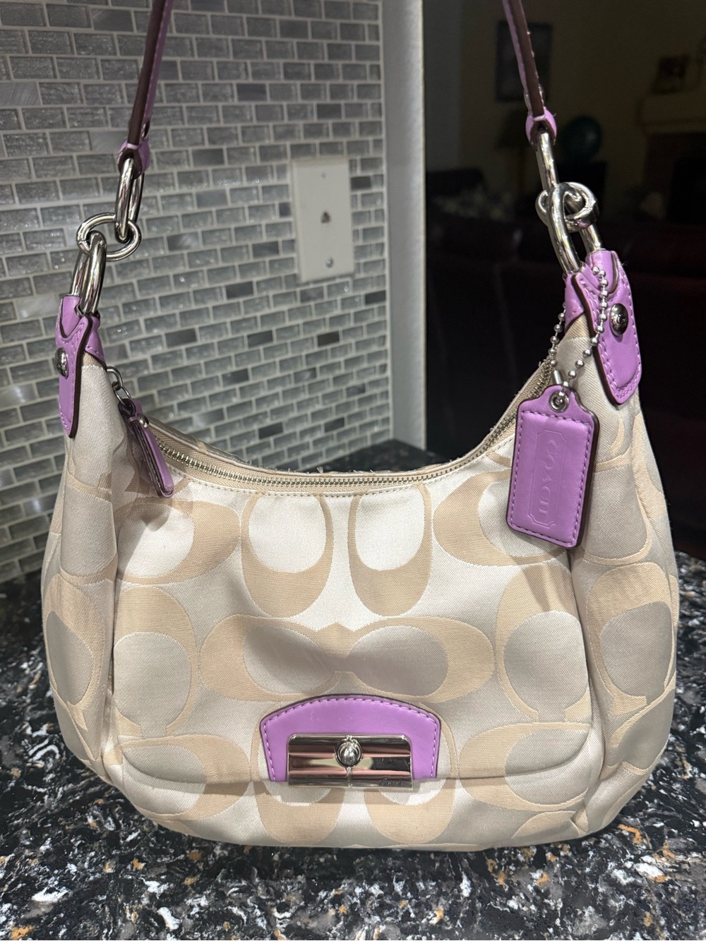 Coach 2013 Kristen Signature Shoulder Bag with Lavender Trim EUC